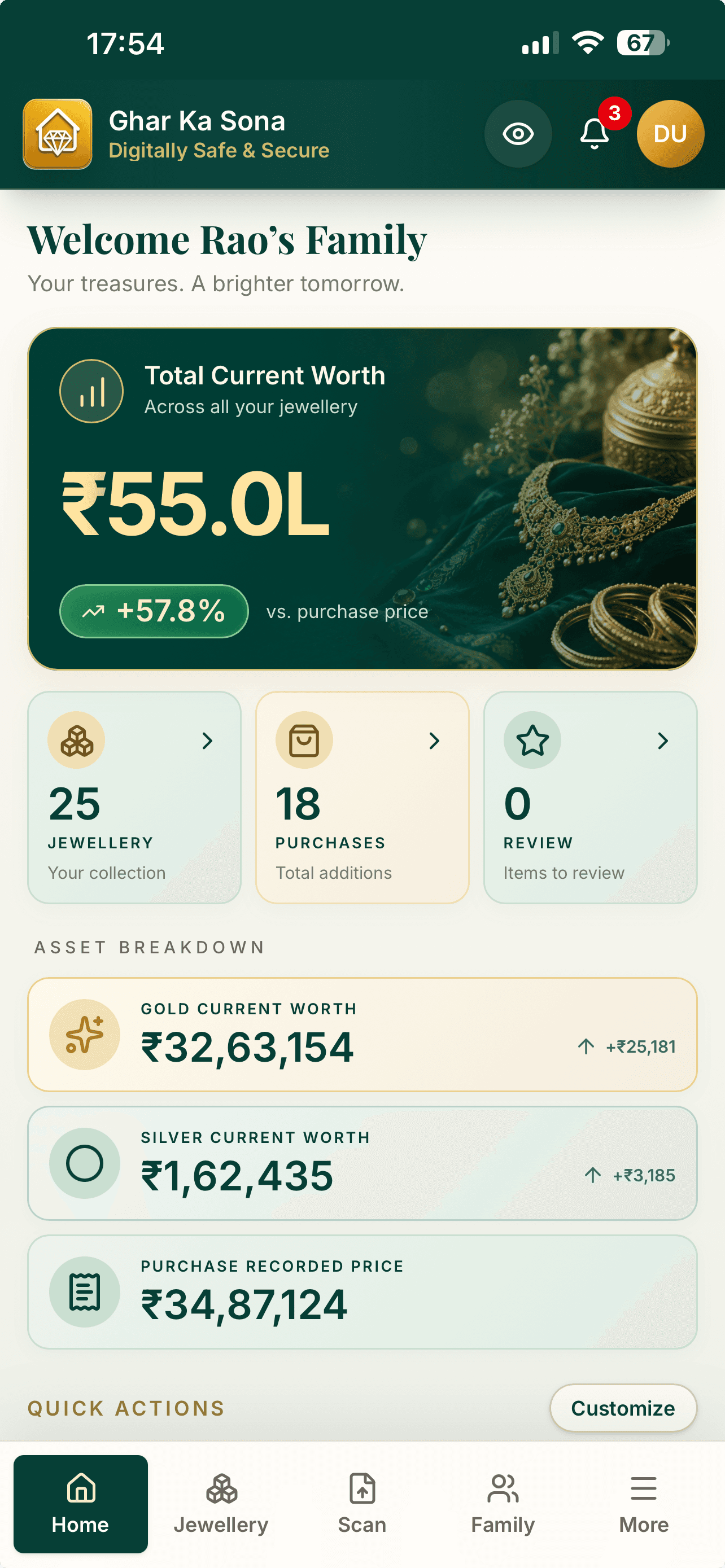 Ghar Ka Sona home screen showing Rao’s family, total current worth, jewellery, purchases, review items and asset breakdown